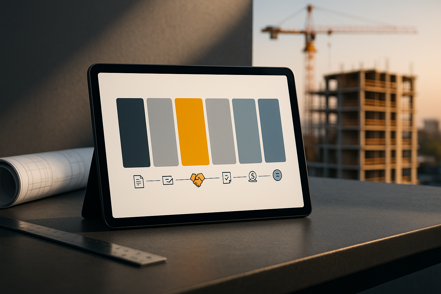 Una tableta sobre un escritorio que muestra una paleta de colores con tonos grises, naranjas y azules, con el telón de fondo de una obra en construcción en plena actividad.