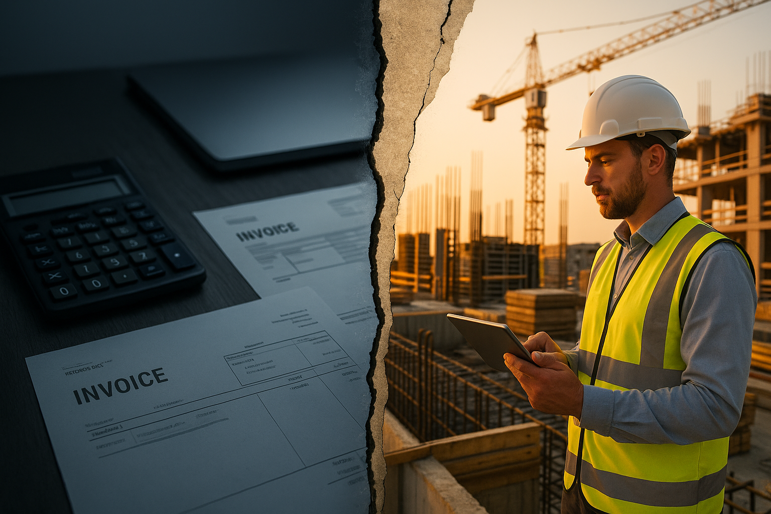 Vista dividida que muobra en construcción, con un trabajador sosteniendo una tableta.