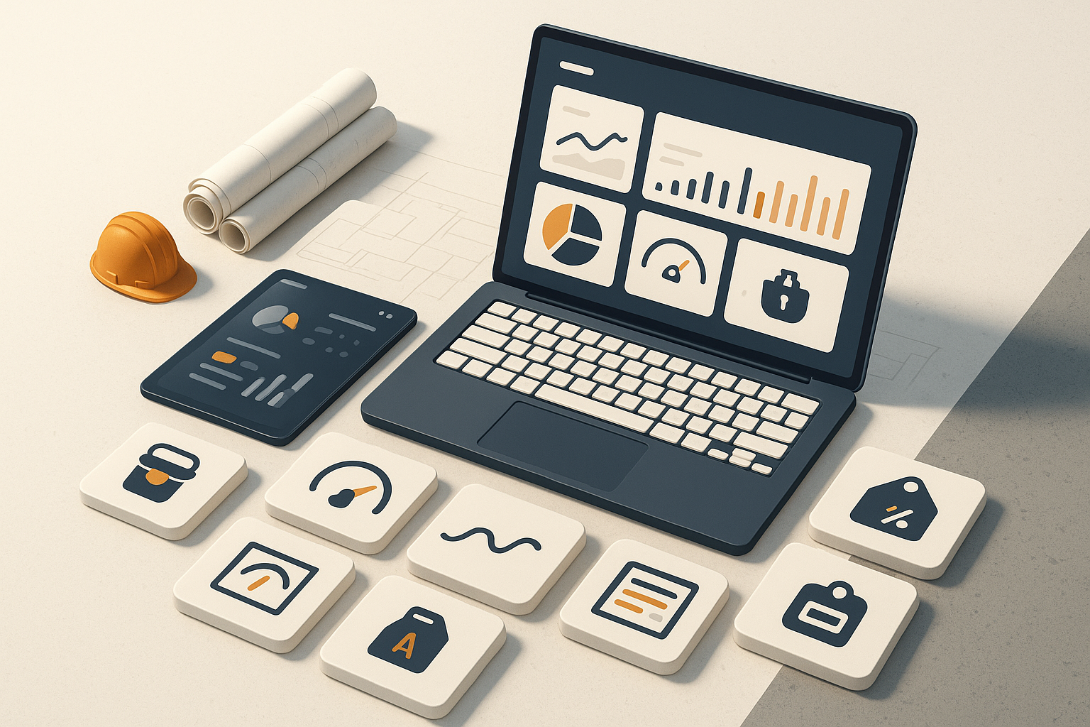 Un ordenador portátil que muestra paneles de control empresariales, junto a un casco de seguridad, planos, una tableta y varios iconos analíticos.