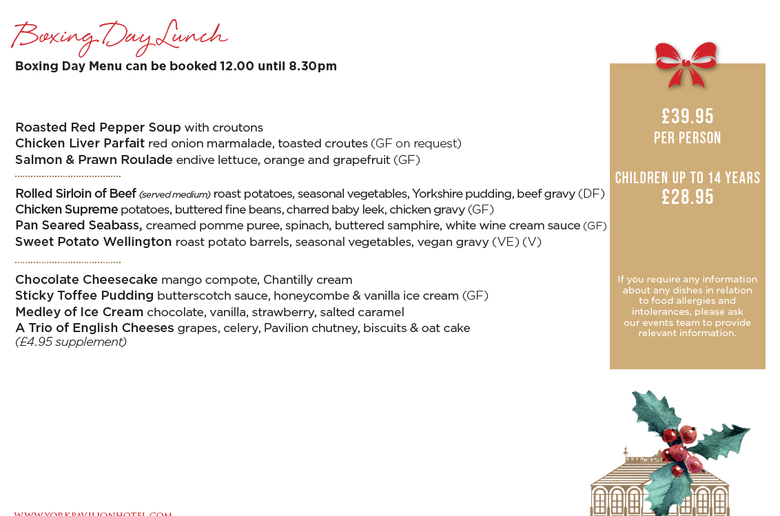 A menu for a boxing day lunch with a house and holly on it.