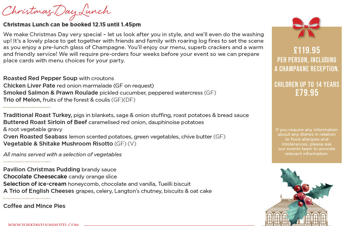 A christmas day lunch menu with a bow and holly on it.