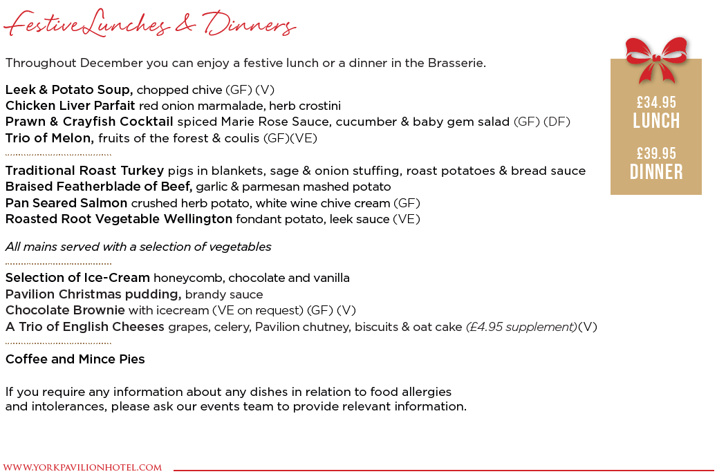 A menu for a buffet with a christmas tree in the background.