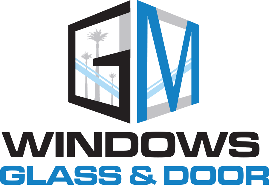 A logo for a company called gm windows glass and door
