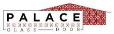 A logo for palace glass door with a picture of a building in the background.