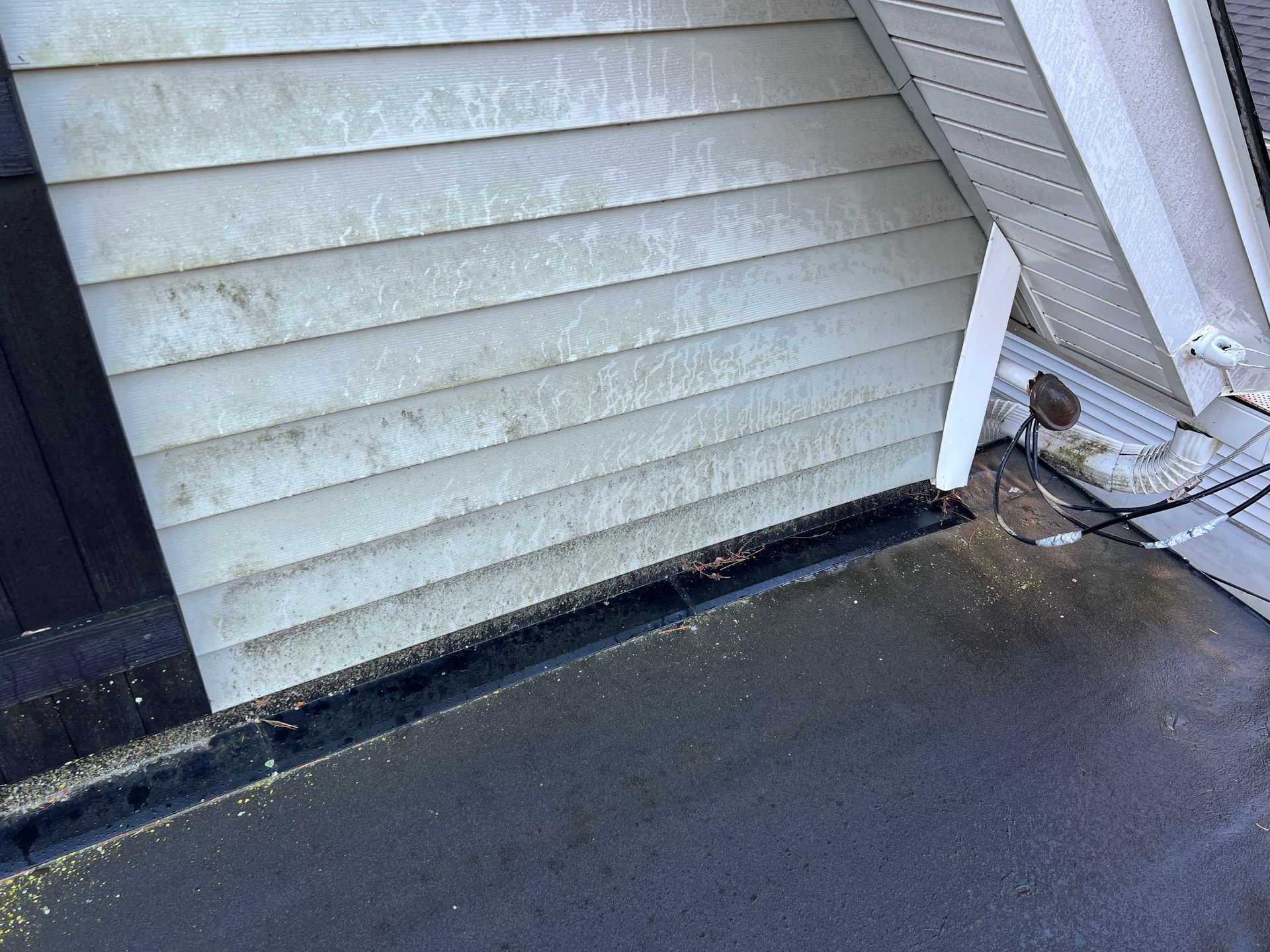 Close-up of white house siding meeting a flat, dark roof surface with an accumulation of debris and grime along the edge.