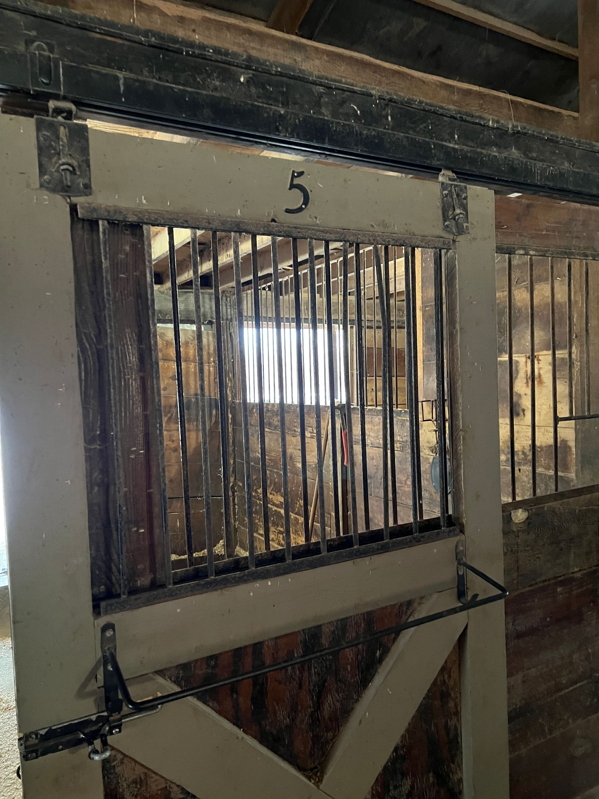 A beige stall door with the number five, vertical metal bars, and a latch inside a rustic wooden barn.