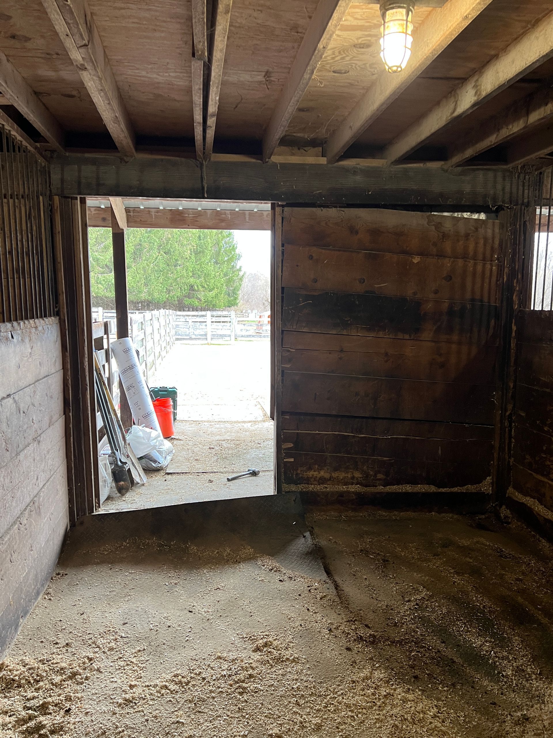 Inside a dimly lit horse stall looking out through an open sliding door at a snowy, fenced pasture.