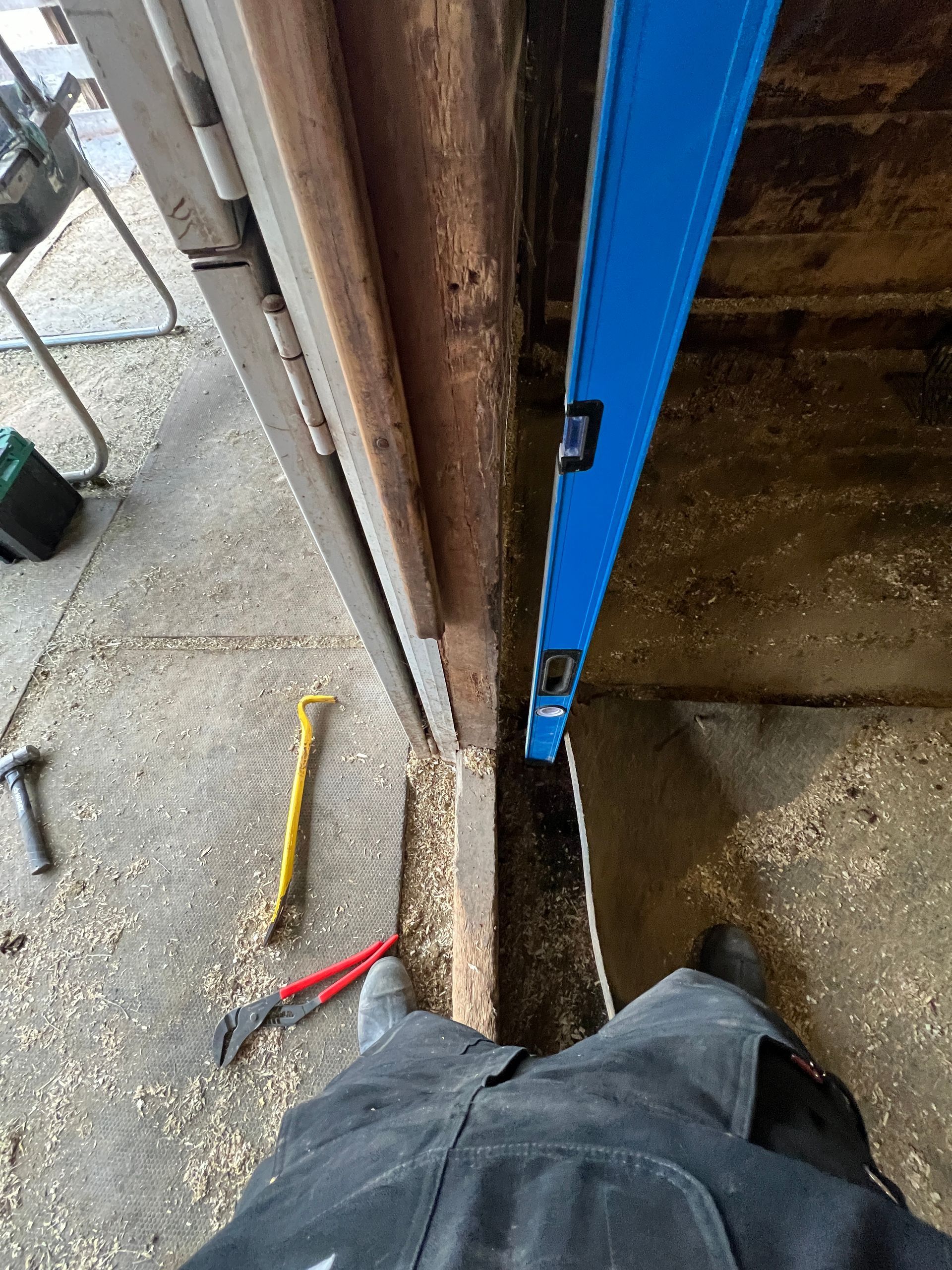 A blue level is held vertically against a door frame in a workspace with wood shavings on the floor and tools nearby.