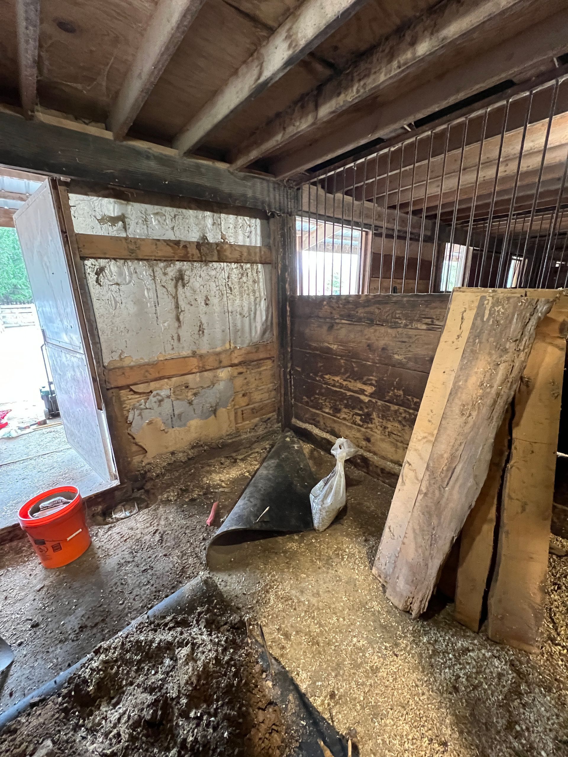 A rustic barn stall with wooden walls, a straw-covered floor, an orange bucket, and a large slab of bark leaning against.