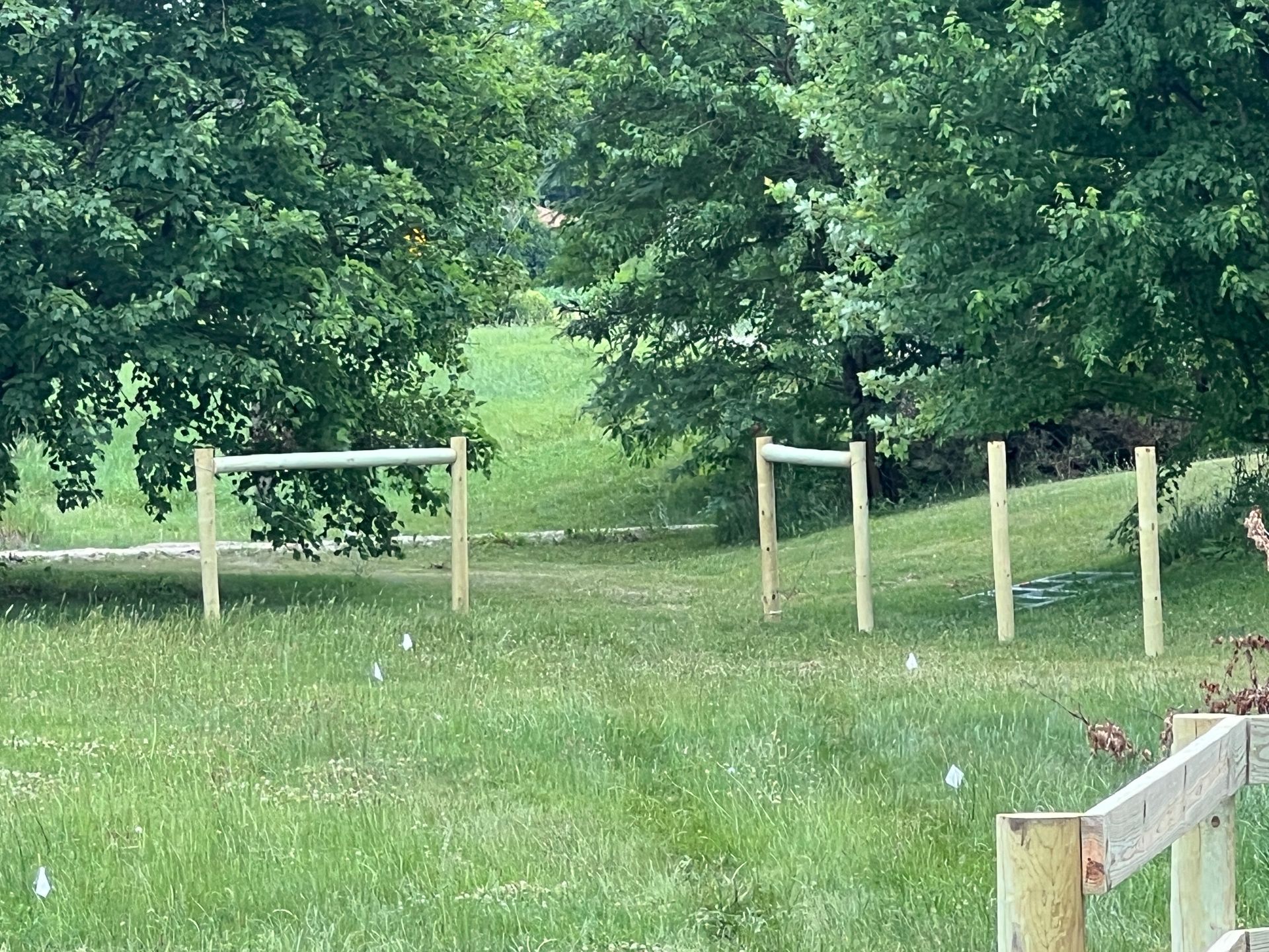 Wooden posts connected by horizontal rails are set in a grassy field bordered by mature trees.
