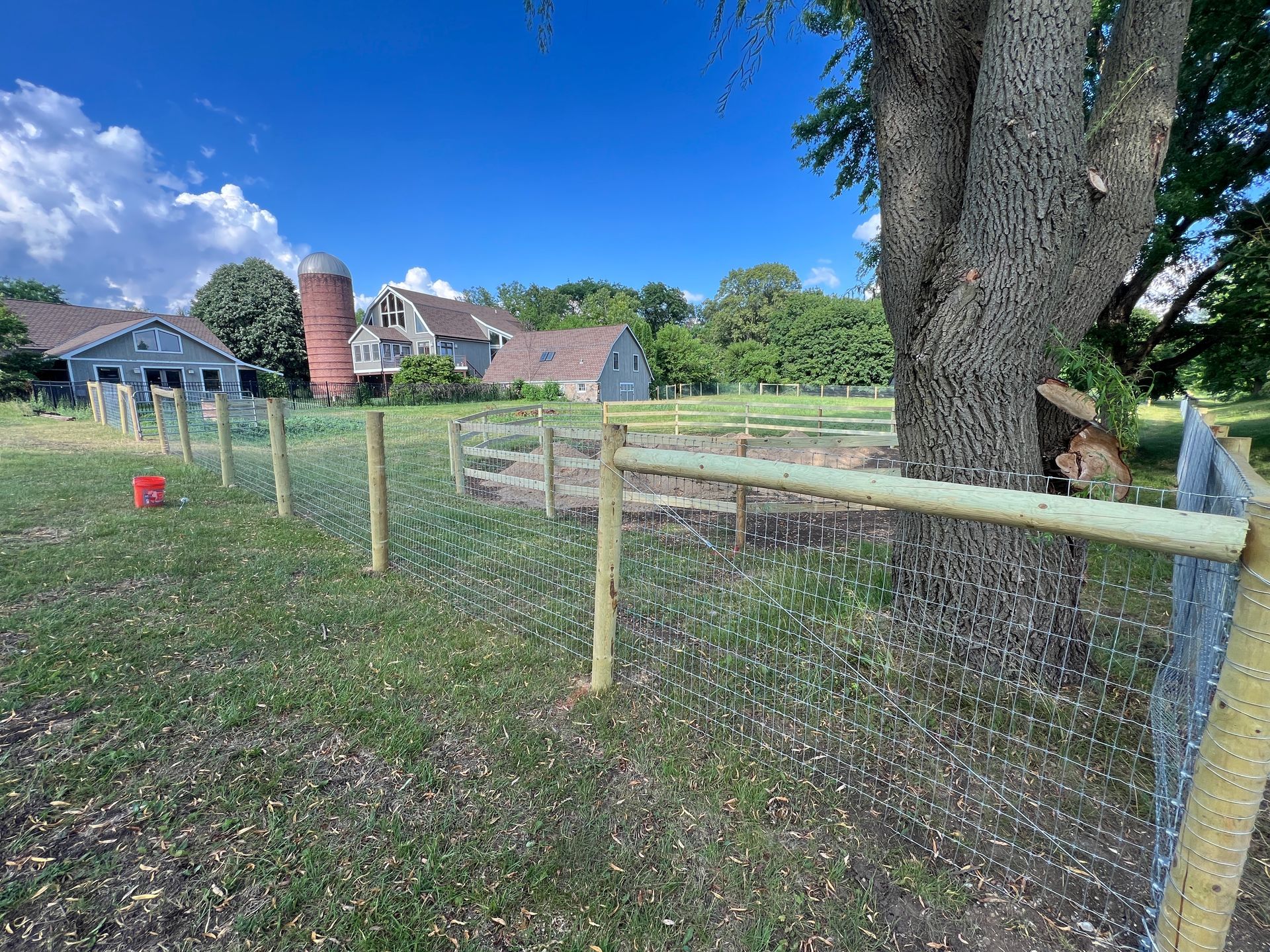 A fenced-in pasture with green grass leads toward a farmhouse with a silo under a bright, sunny blue sky.