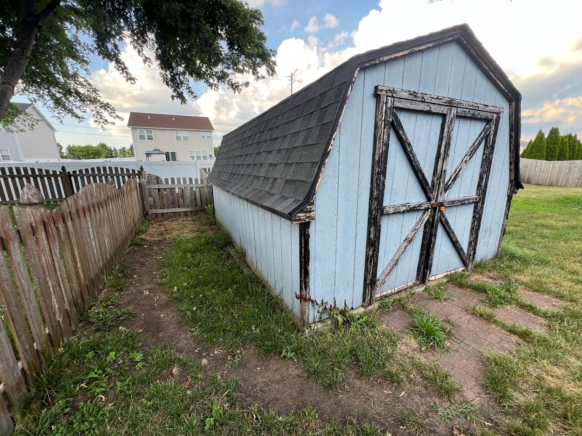 A light blue shed with black trim and a dark shingled gambrel roof sits in a grassy yard beside a wooden fence.