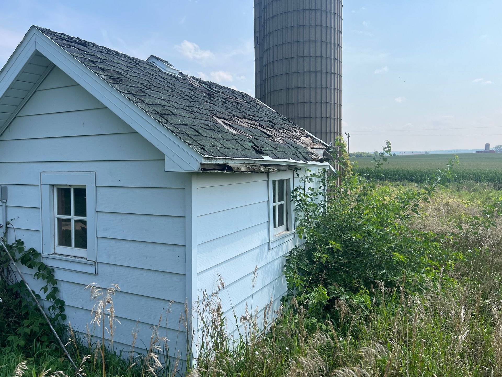 A small, white, weathered shed with a damaged roof, situated next to a tall metal silo in a field of tall grass.