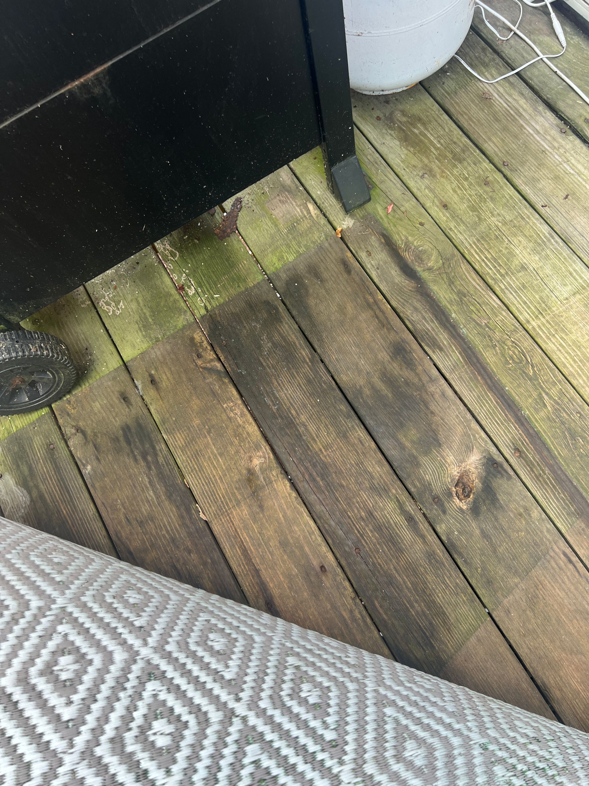 Weathered wooden deck boards with patches of dark staining and green moss growth near a black grill and patterned rug.