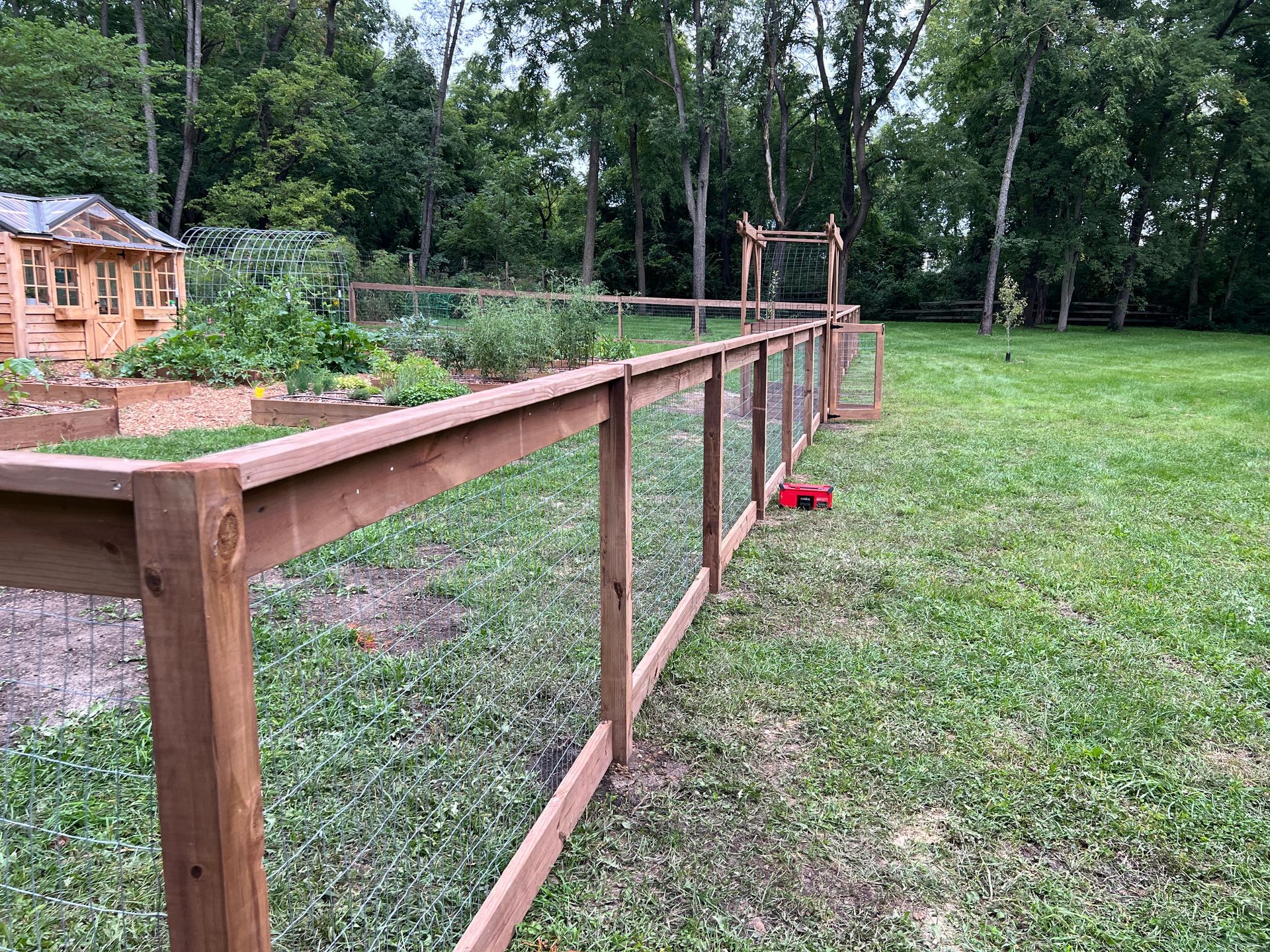 A wooden garden fence with wire mesh runs through a grassy lawn toward a small wooden shed and a garden arbor.