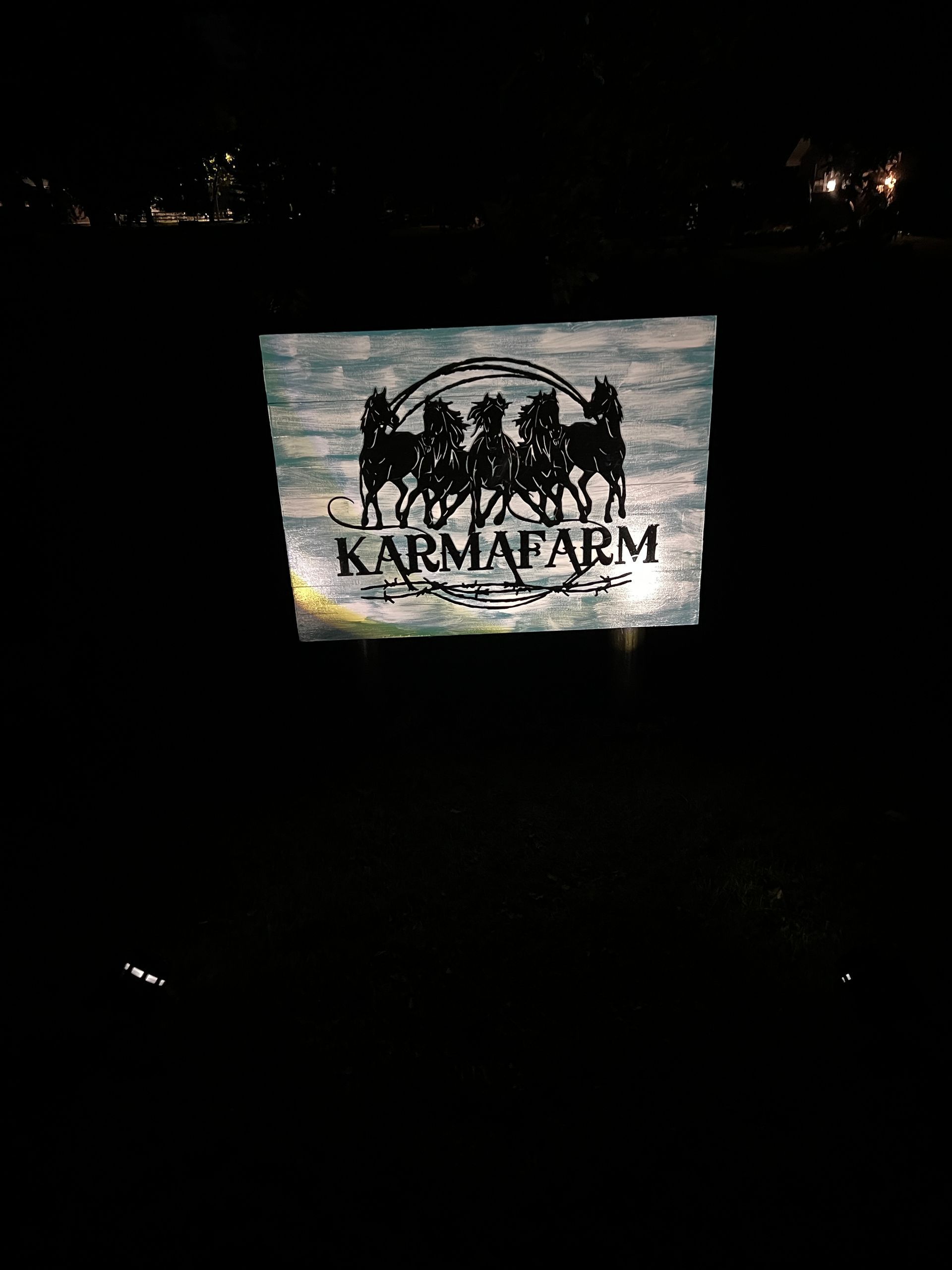 A glowing, rectangular sign at night displaying the text 