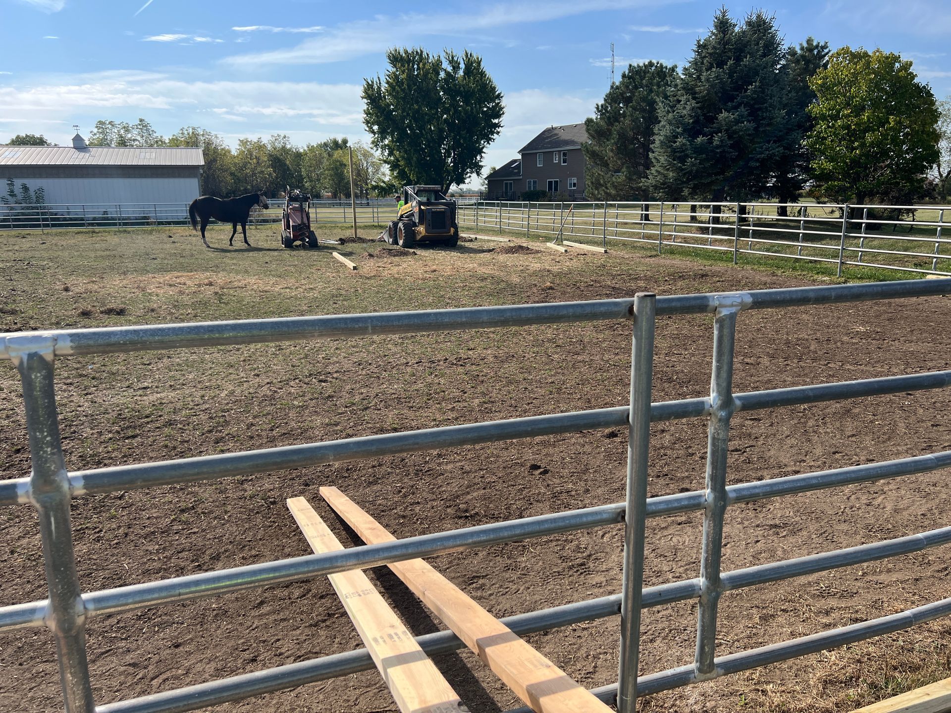 A black horse stands in a fenced enclosure near a person operating construction equipment, with buildings in the distance.