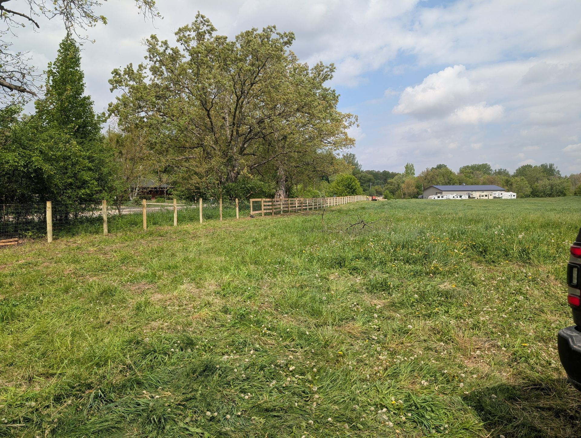 A grassy field in foreground, a wooden fence, large trees, and a distant building under a cloudy sky.
