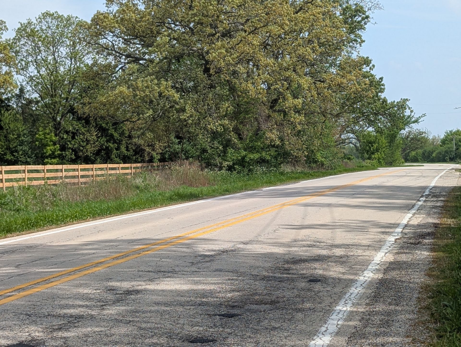 A rural road with yellow center and white edge lines, flanked by a wooden fence and trees under a clear sky.