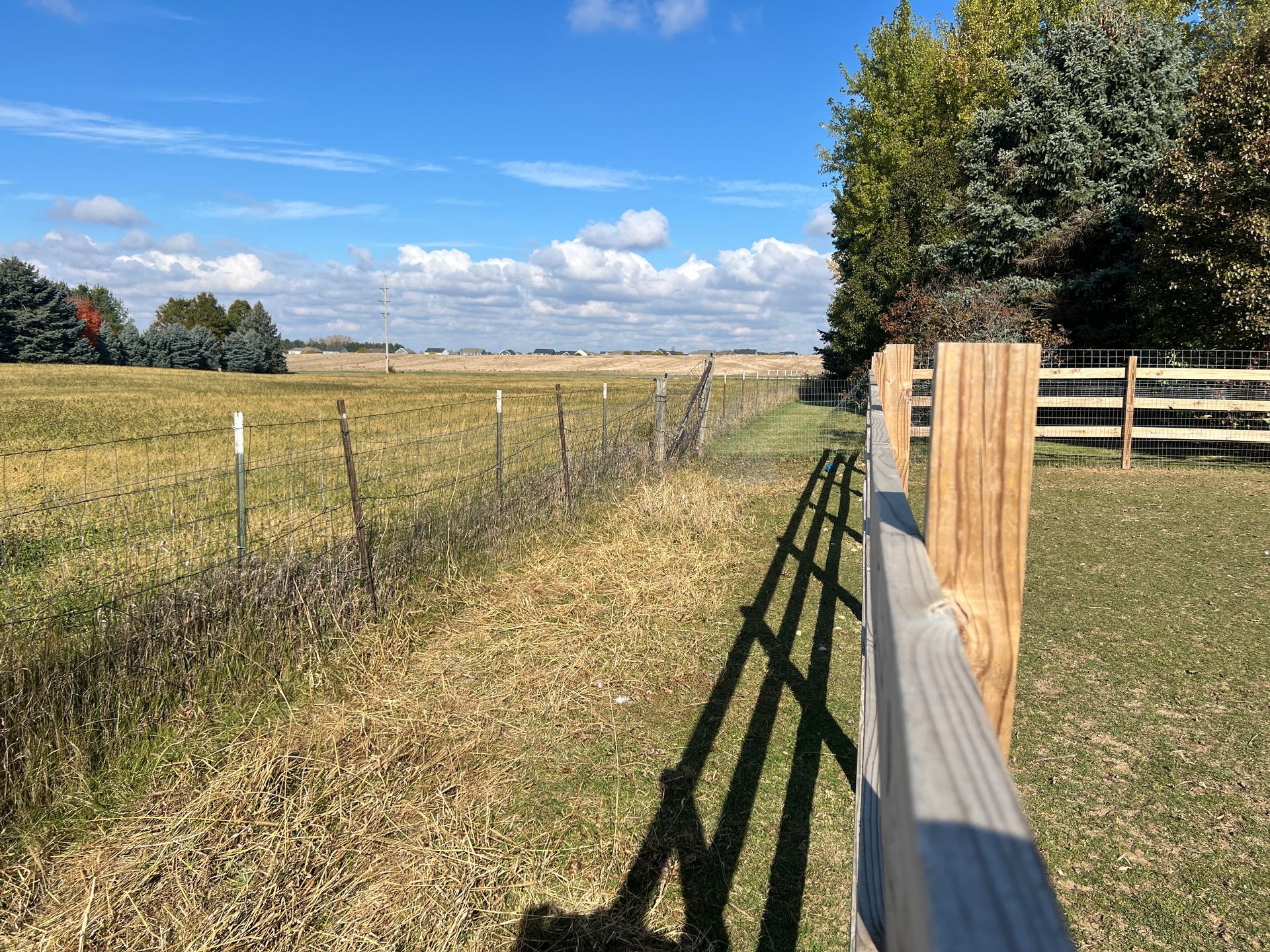 A wooden fence lines a field on a sunny day with a cloudy blue sky, next to a wire fence bordering a dry crop field.