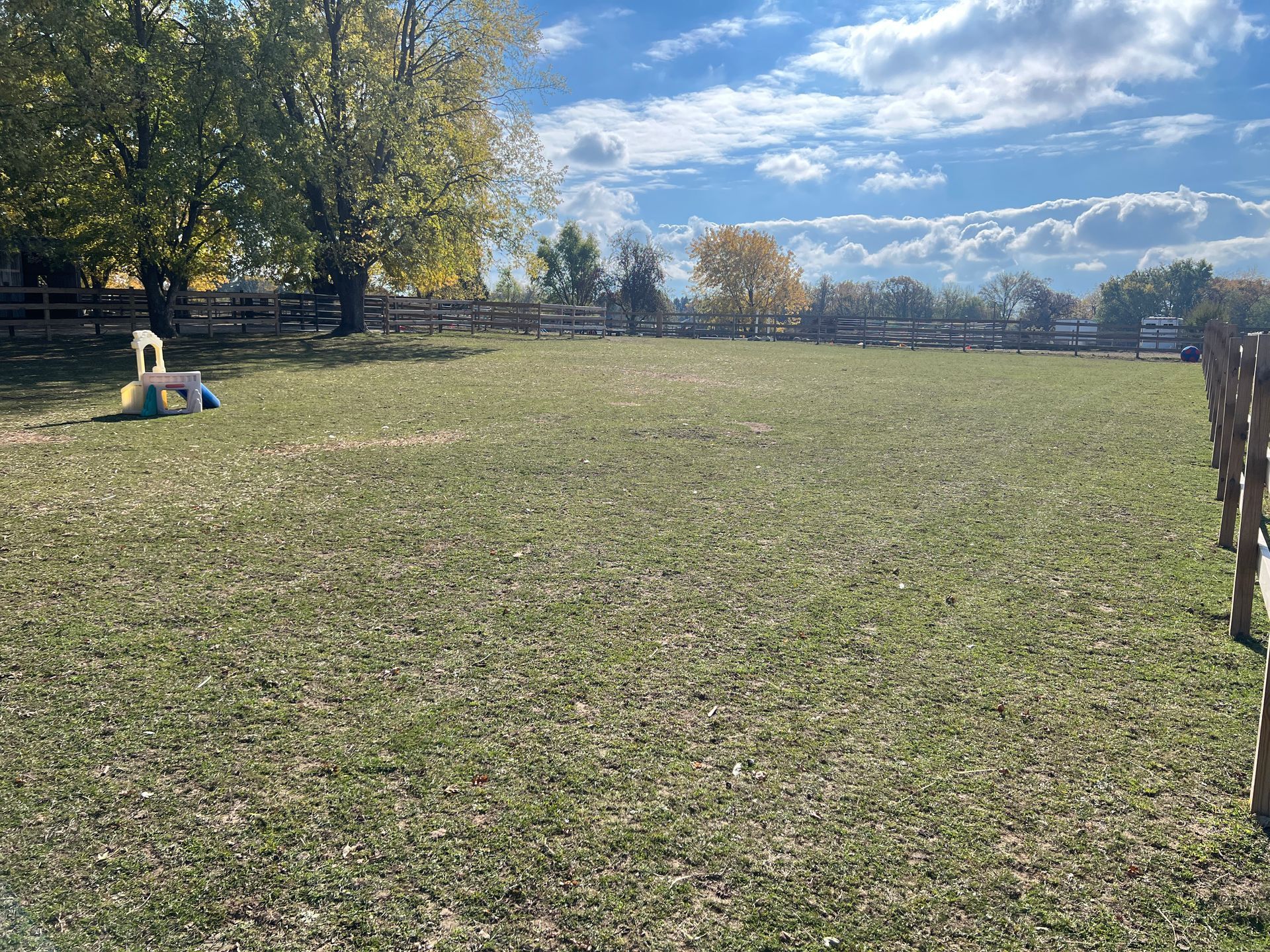 A grassy, fenced-in field under a sunny blue sky with autumn trees in the background and a plastic chair on the left.