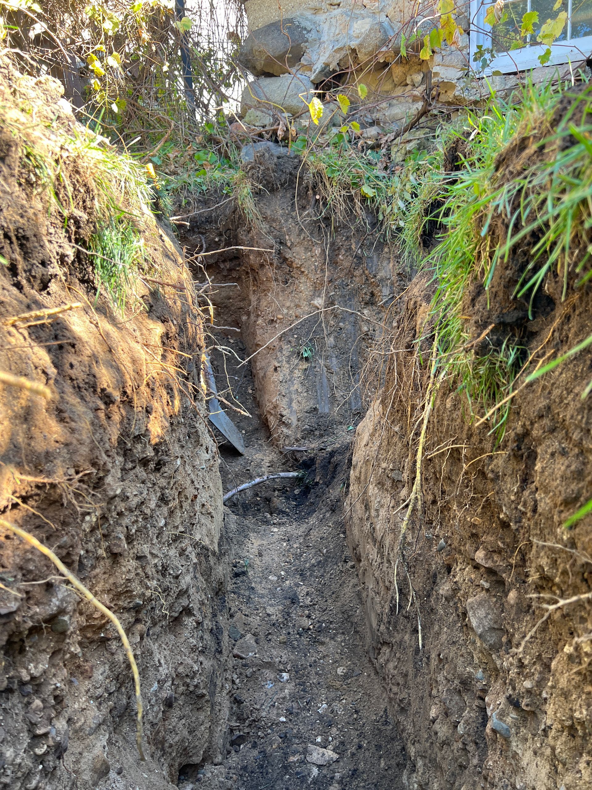 A narrow, deep dirt trench dug alongside a stone house foundation with exposed roots and patches of grass.