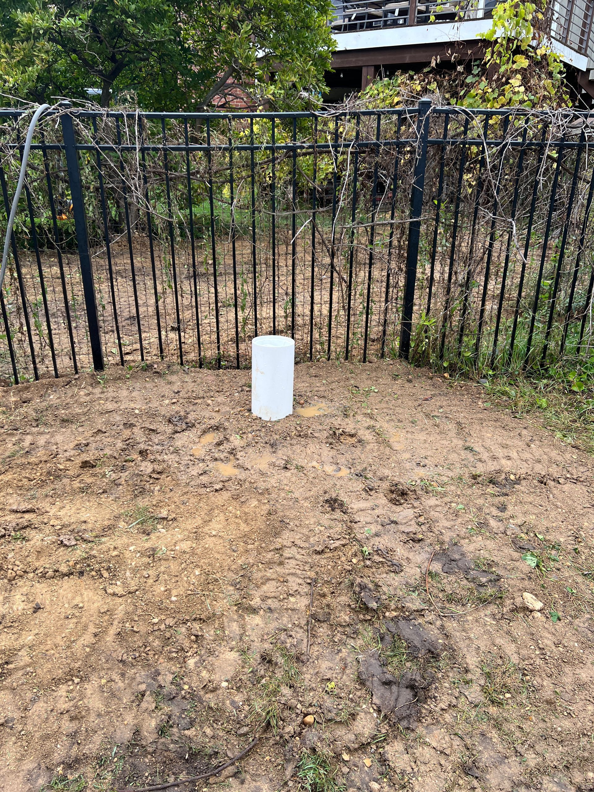 A white cylindrical pipe protrudes from bare, damp dirt in a backyard, positioned in front of a black metal fence.
