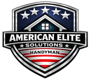 A shield-shaped logo featuring a house icon, five stars, and American flag stripes, reading "American Elite Solutions Handyman."