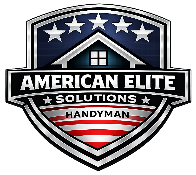 A shield-shaped logo featuring a house icon, five stars, and American flag stripes, reading "American Elite Solutions Handyman."