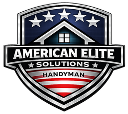 A shield-shaped logo featuring a house icon, five stars, and American flag stripes, reading "American Elite Solutions Handyman."