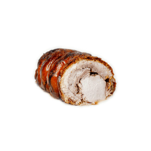 Lombo di maiale arrosto, tagliato a spirale, con pelle croccante e dorata e strati interni di carne visibili.