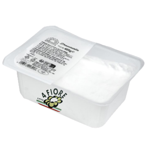 Contenitore bianco di formaggio con coperchio parzialmente aperto, etichetta del marchio A Fiore.