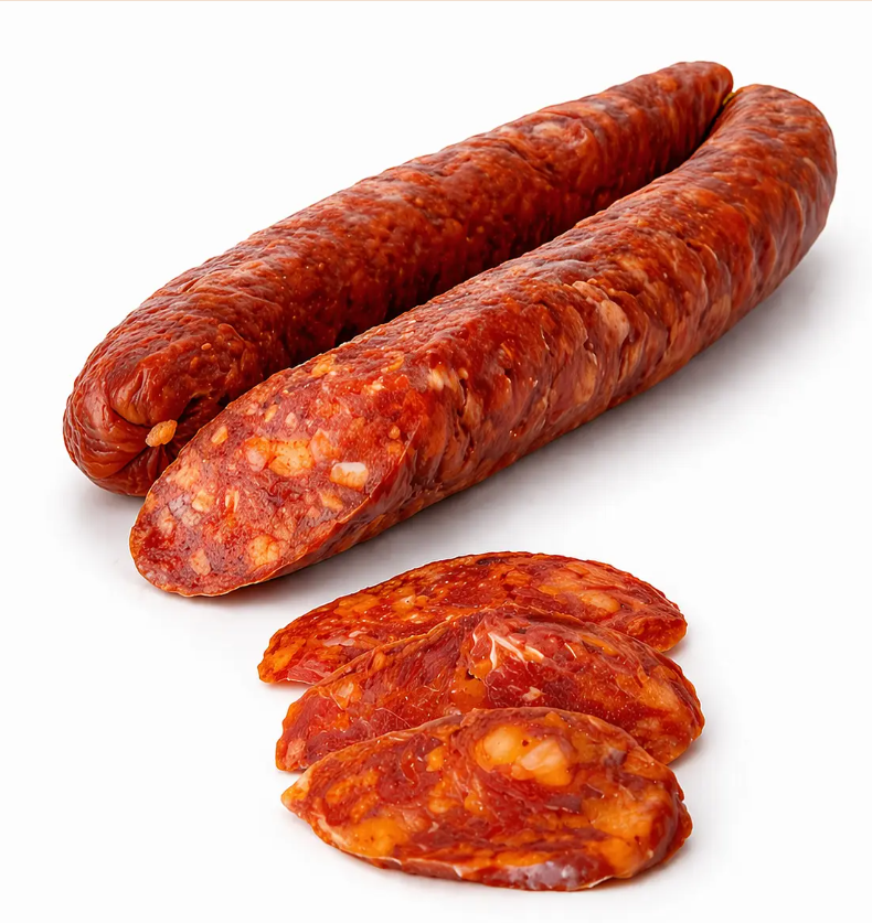 Prodotti alimentari lavorati, rossi e cilindrici, probabilmente salsicce o hot dog, su sfondo bianco.