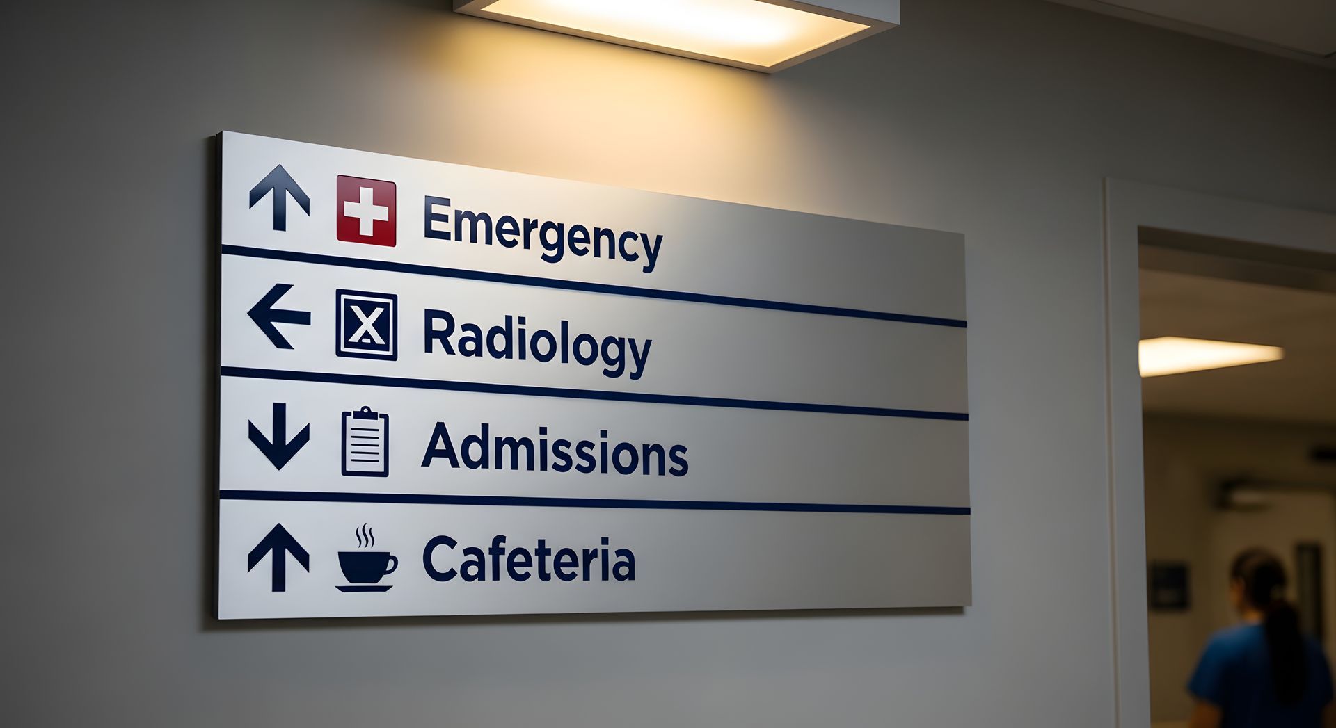Hospital hallway sign pointing to Emergency, Radiology, Admissions, and Cafeteria with arrows and icons