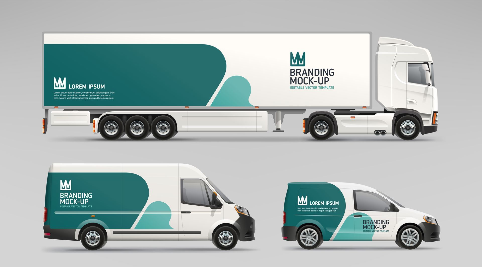 Semi-truck, delivery van, and small van with teal and white branding on a gray background.