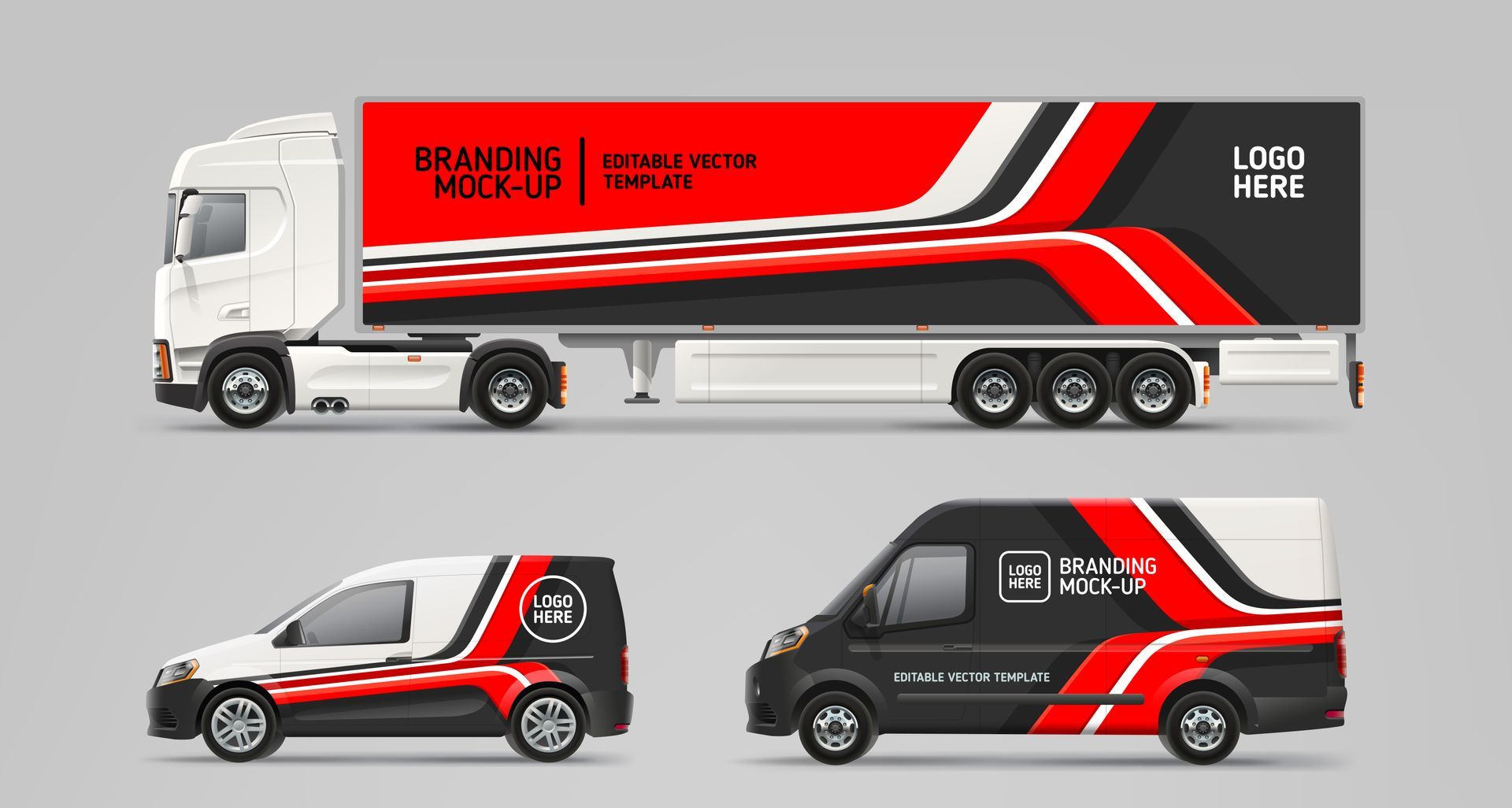 Truck and vans with red, black, and white design. Company branding on vehicles.
