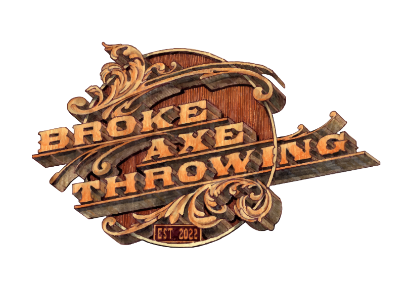 Stylized wooden logo reading “BROKE & THROWING” with a horse and “EST. 2023” plaque