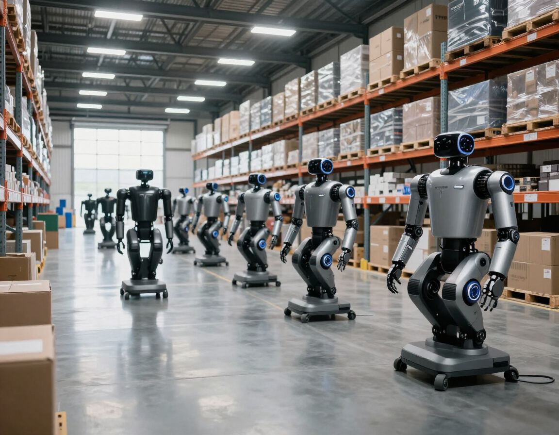 Multiple Tesla Optimus 3 units in a fleet deployment warehouse