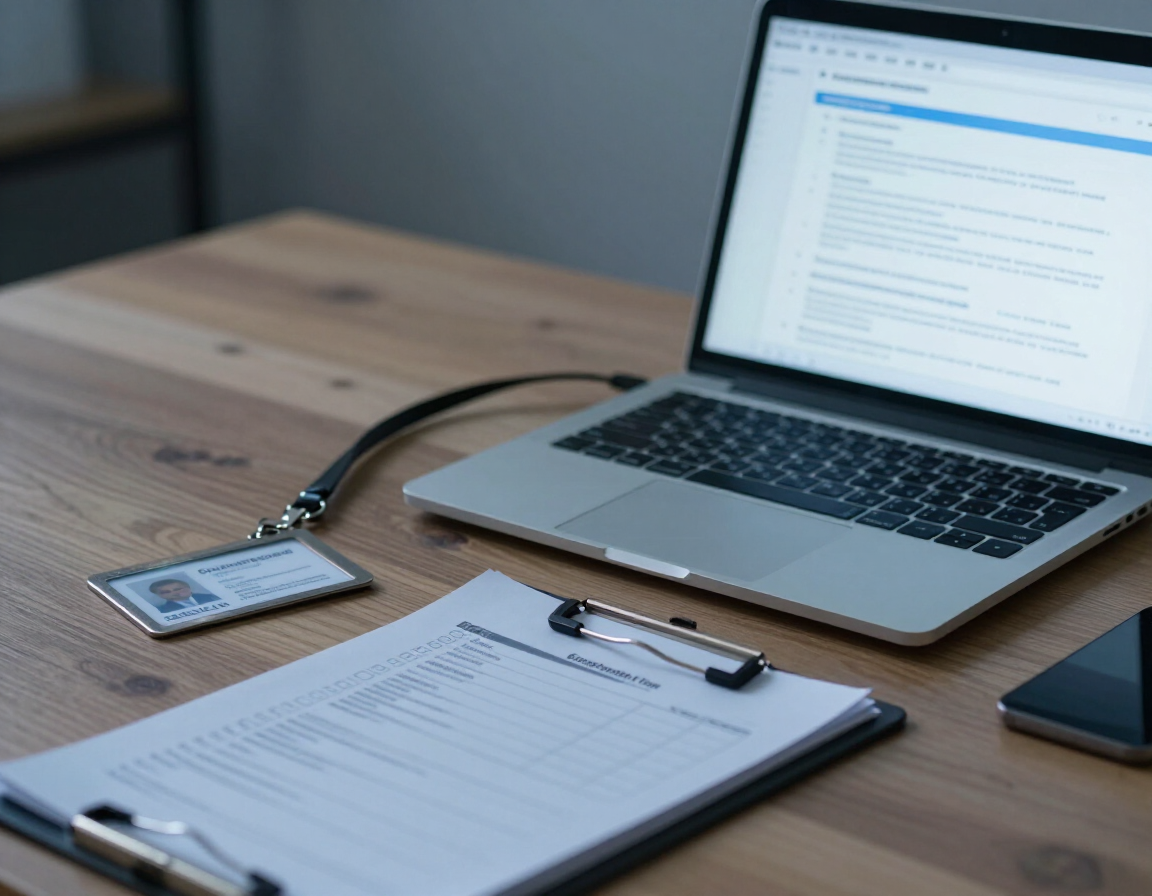 Organized desk with application documents, laptop, and ID