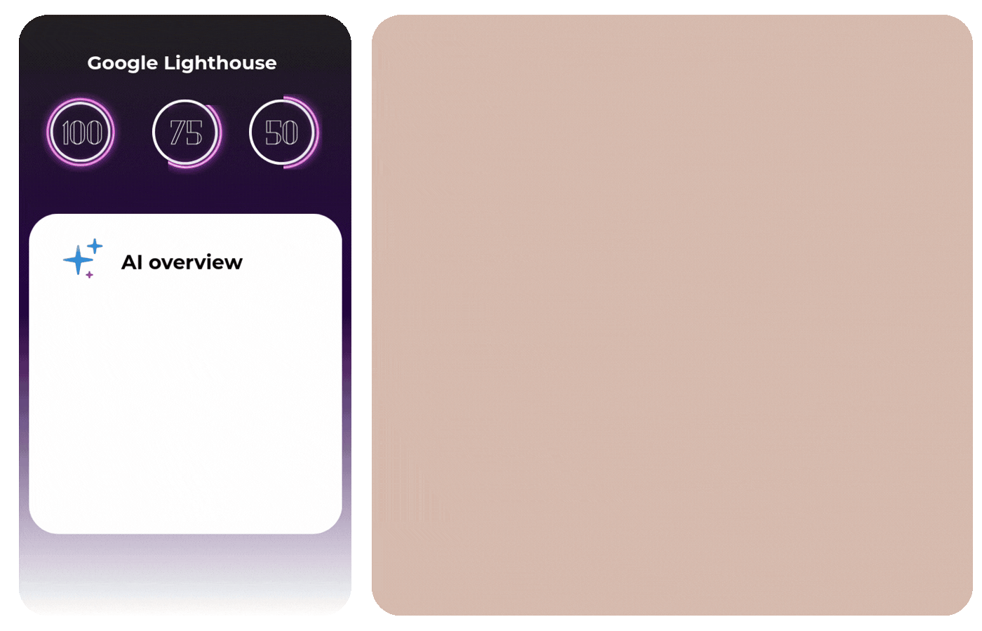 Google Lighthouse report with AI overview card beside a blank beige panel