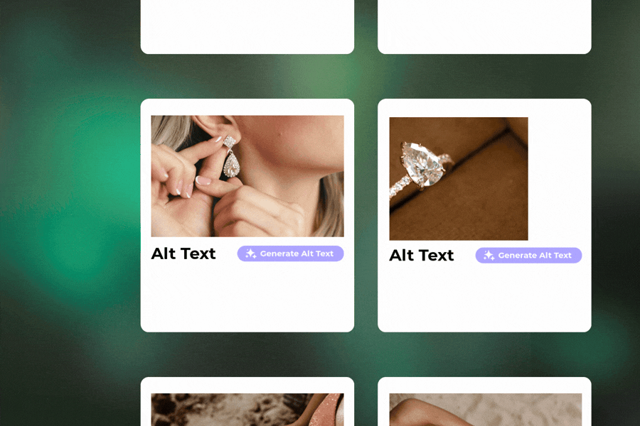 Wedding rings on a website gallery, with white cards on a green background