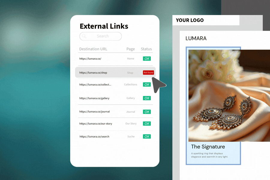 Website mockup with an external links panel beside a product page featuring a butterfly bracelet and lizard photo