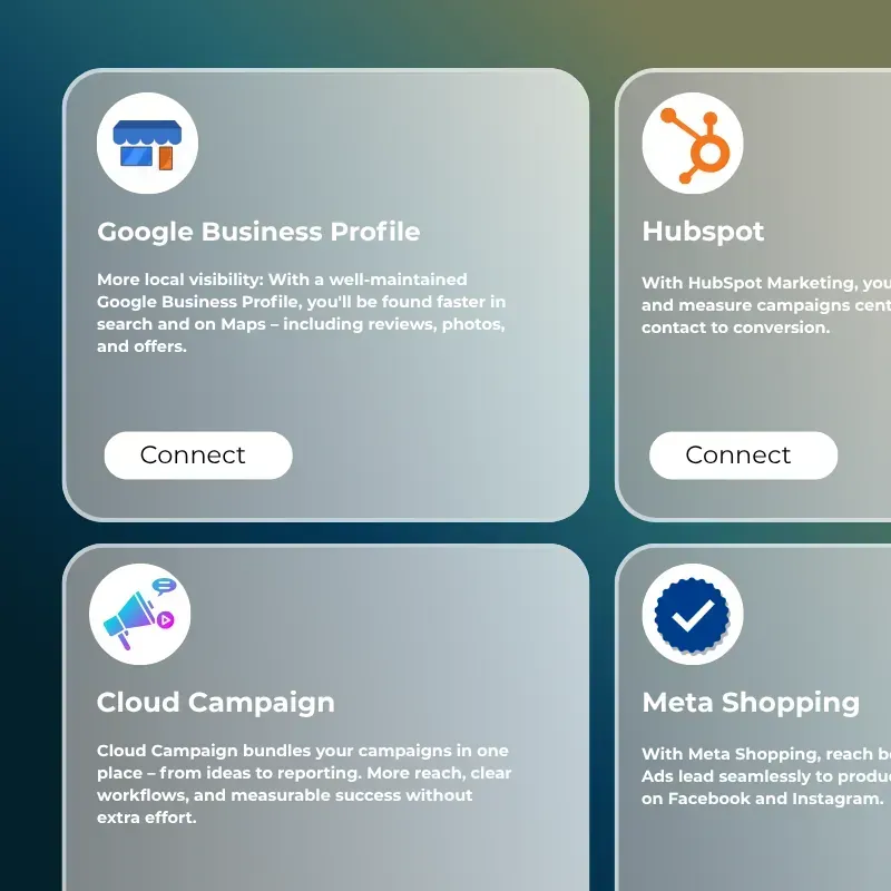 Four app cards for Google Business Profile, HubSpot, Cloud Campaign, and Meta Shopping with Connect buttons