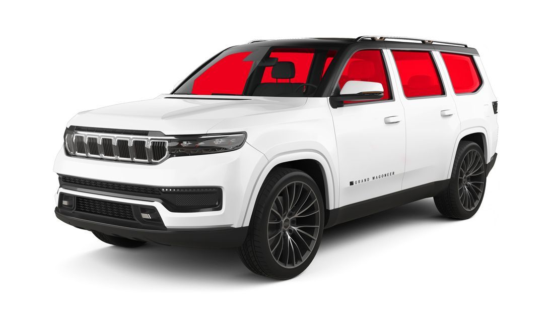 White Jeep Grand Wagoneer with a black roof and red-tinted windows against a white background.