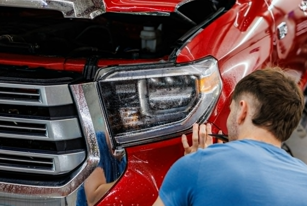 Mechanic working on the front headlight of a red truck in a repair shop