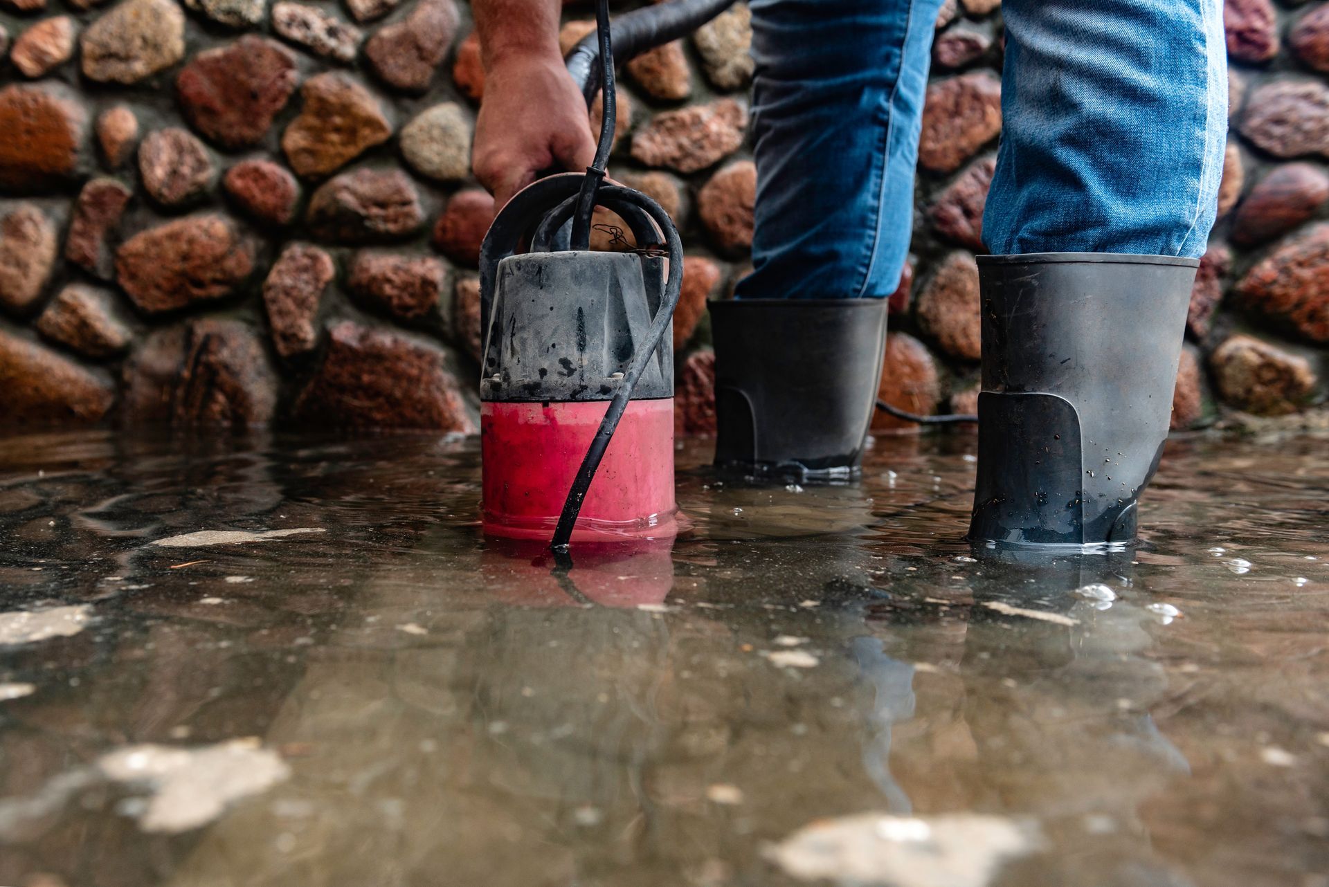 Person in boots holding a submersible pump in standing water in front of a stone wall. Person in boots holding a submersible pump in standing water in front of a stone wall.