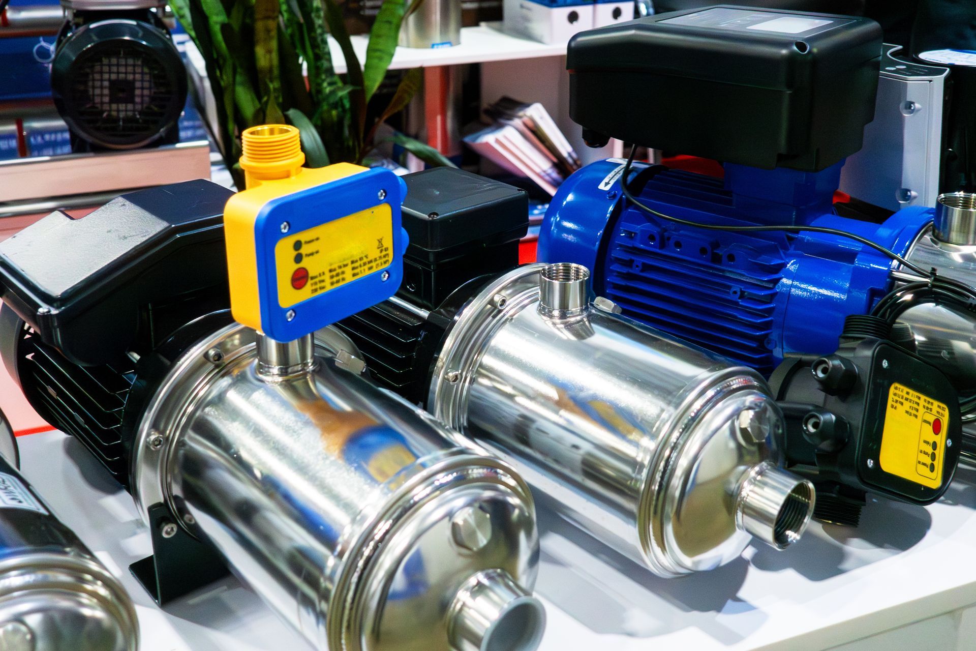 Several industrial water pumps on display, with stainless steel housings and electric motors.