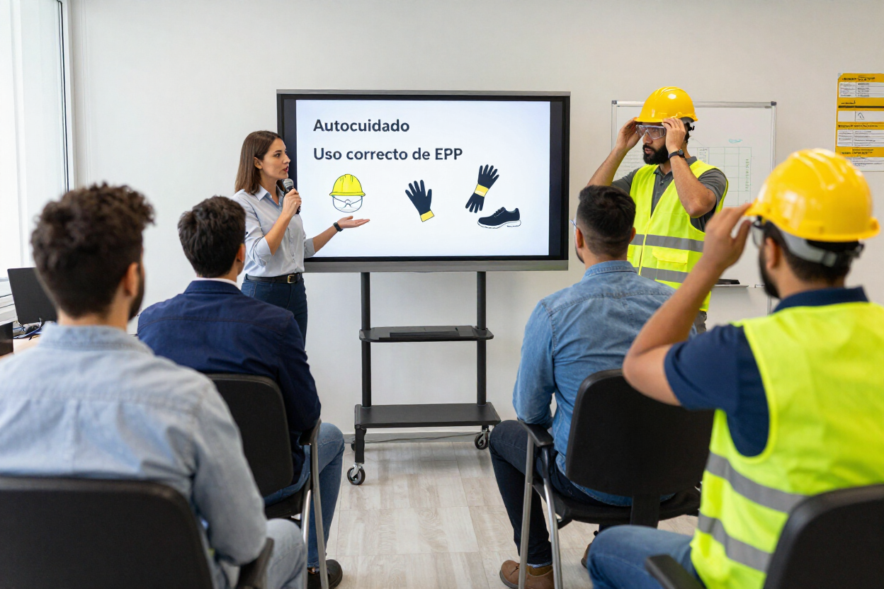 Unos trabajadores con cascos de seguridad asisten a una presentación sobre seguridad en una sala de conferencias luminosa.