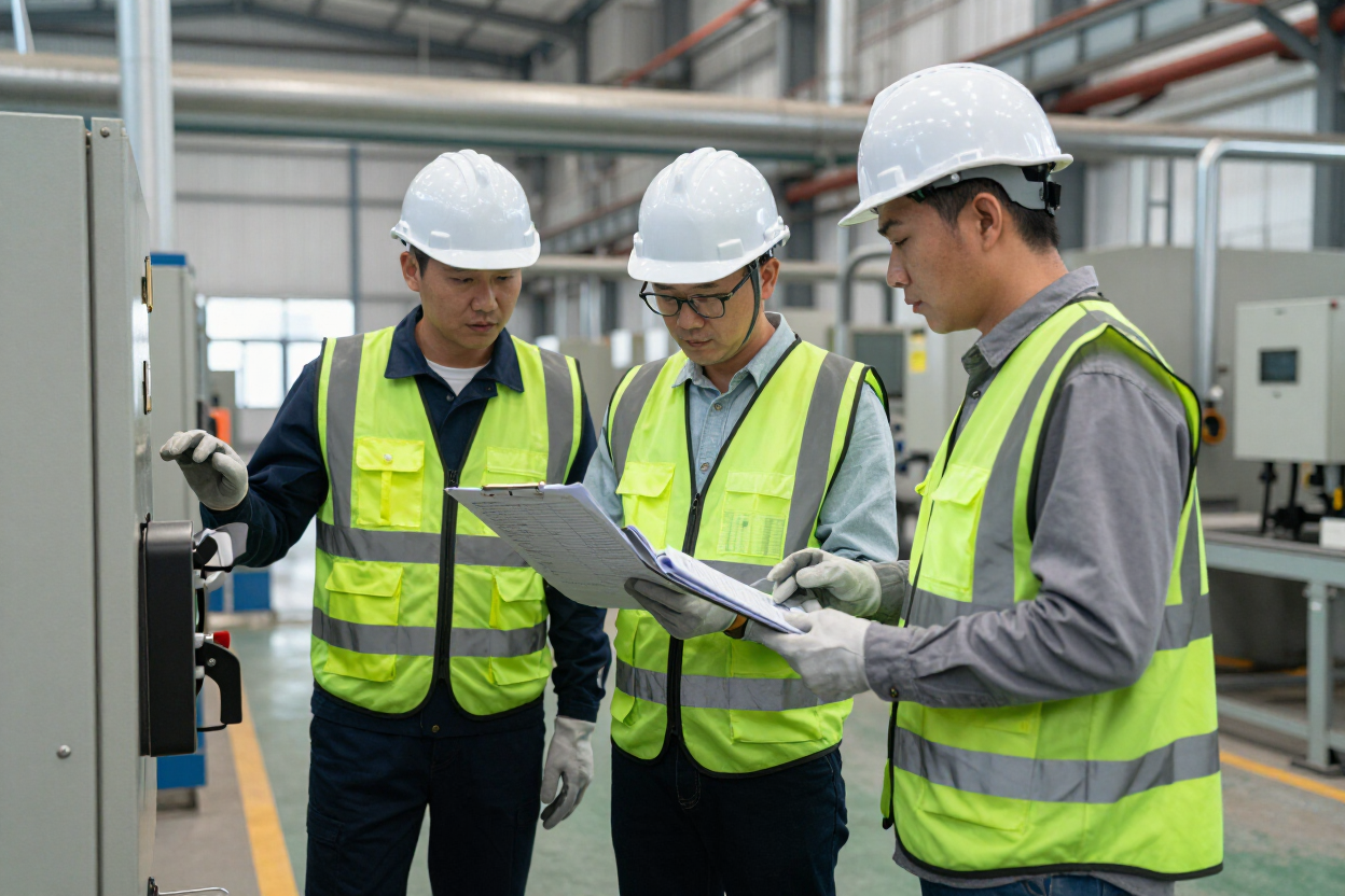 Tres ingenieros con chalecos reflectantes y cascos revisan planos en una instalación industrial