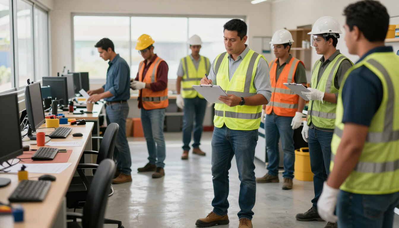 Equipo de una pyme realizando una inspección de seguridad en el lugar de trabajo